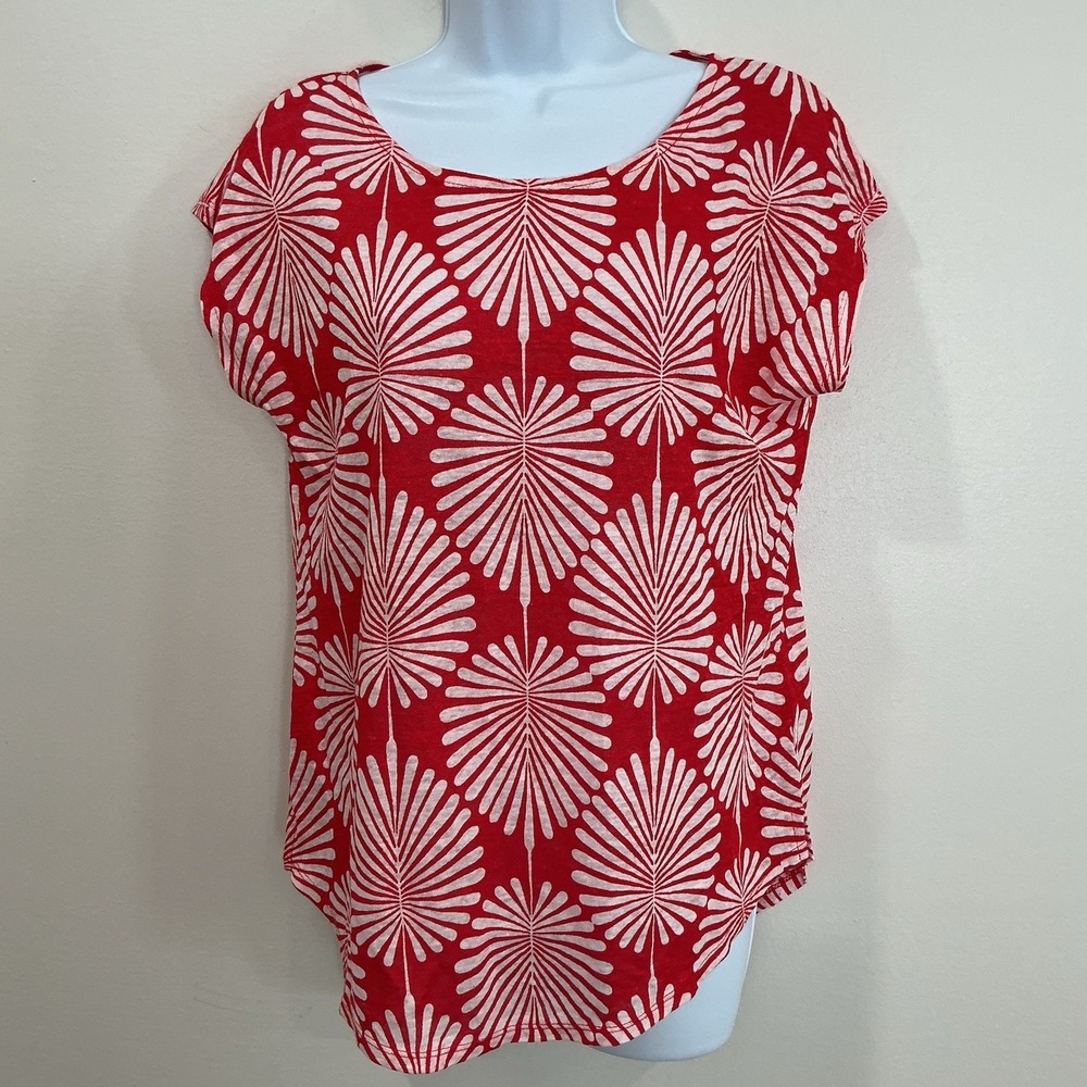 Joie Cap Sleeve 100% Linen Top Red White Botanical Print Floral - Medium EUC